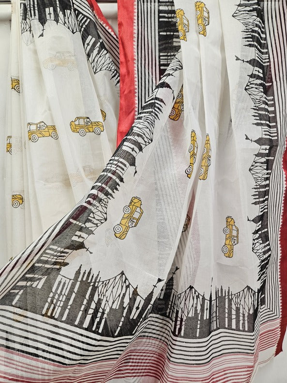 Traditional Handloom Cotton Saree With Hand Block Taxi Print - (handloom saree, cotton saree, handloom cotton saree, balaram saha online, handloom sarees, cotton handloom saree, bengal handloom sarees, pure cotton, cotton saree for women, cotton saree online)