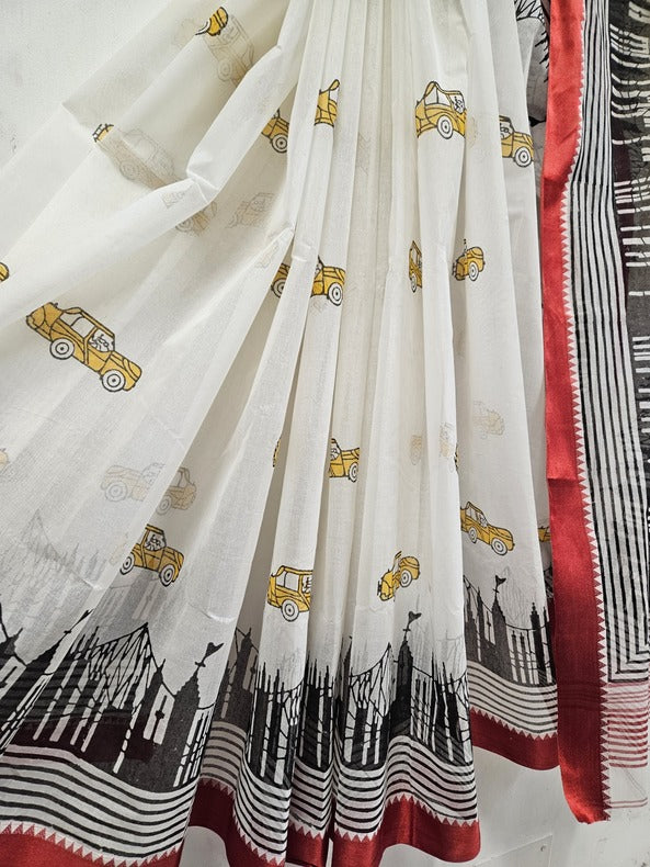 Traditional Handloom Cotton Saree With Hand Block Taxi Print - (handloom saree, cotton saree, handloom cotton saree, balaram saha online, handloom sarees, cotton handloom saree, bengal handloom sarees, pure cotton, cotton saree for women, cotton saree online)