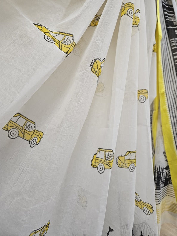 Traditional Handloom Cotton Saree With Hand Block Taxi Print - (handloom saree, cotton saree, handloom cotton saree, balaram saha online, handloom sarees, cotton handloom saree, bengal handloom sarees, pure cotton, cotton saree for women, cotton saree online)