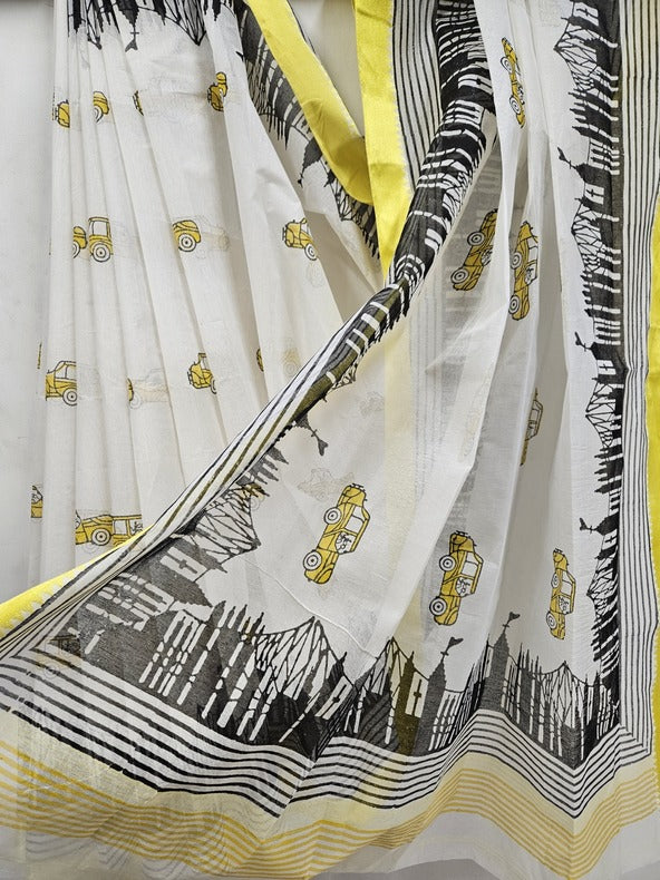 Traditional Handloom Cotton Saree With Hand Block Taxi Print - (handloom saree, cotton saree, handloom cotton saree, balaram saha online, handloom sarees, cotton handloom saree, bengal handloom sarees, pure cotton, cotton saree for women, cotton saree online)