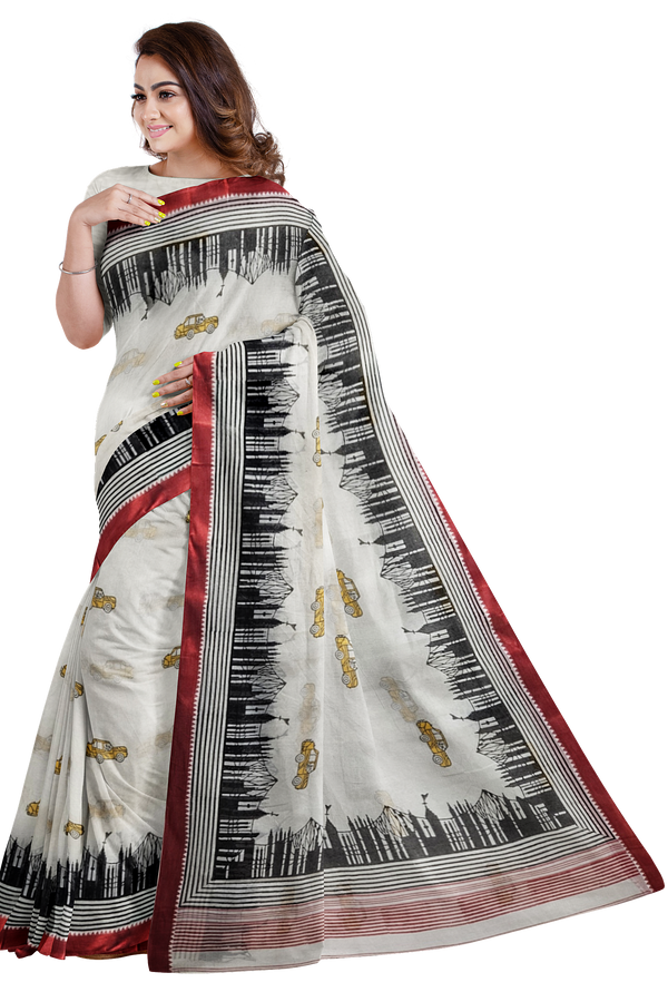 Balaram Saha: Celebrating Kolkata's Heritage Handloom Cotton Saree with Hand Block Taxi Print Saree Balaram Saha