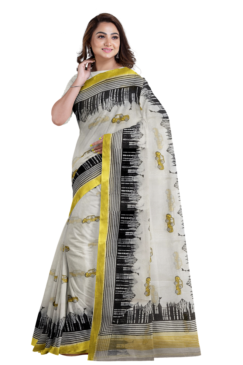 Balaram Saha: Celebrating Kolkata's Heritage Handloom Cotton Saree with Hand Block Taxi Print Saree Balaram Saha