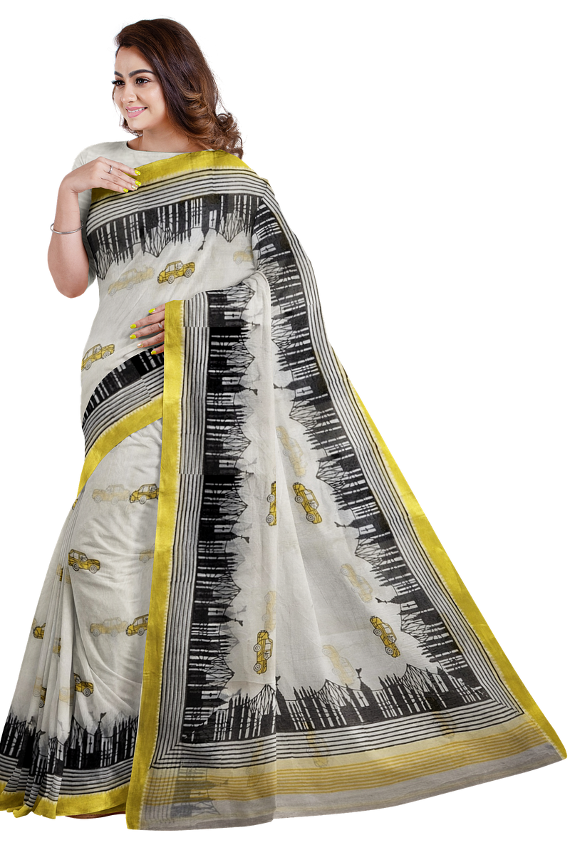 Balaram Saha: Celebrating Kolkata's Heritage Handloom Cotton Saree with Hand Block Taxi Print Saree Balaram Saha