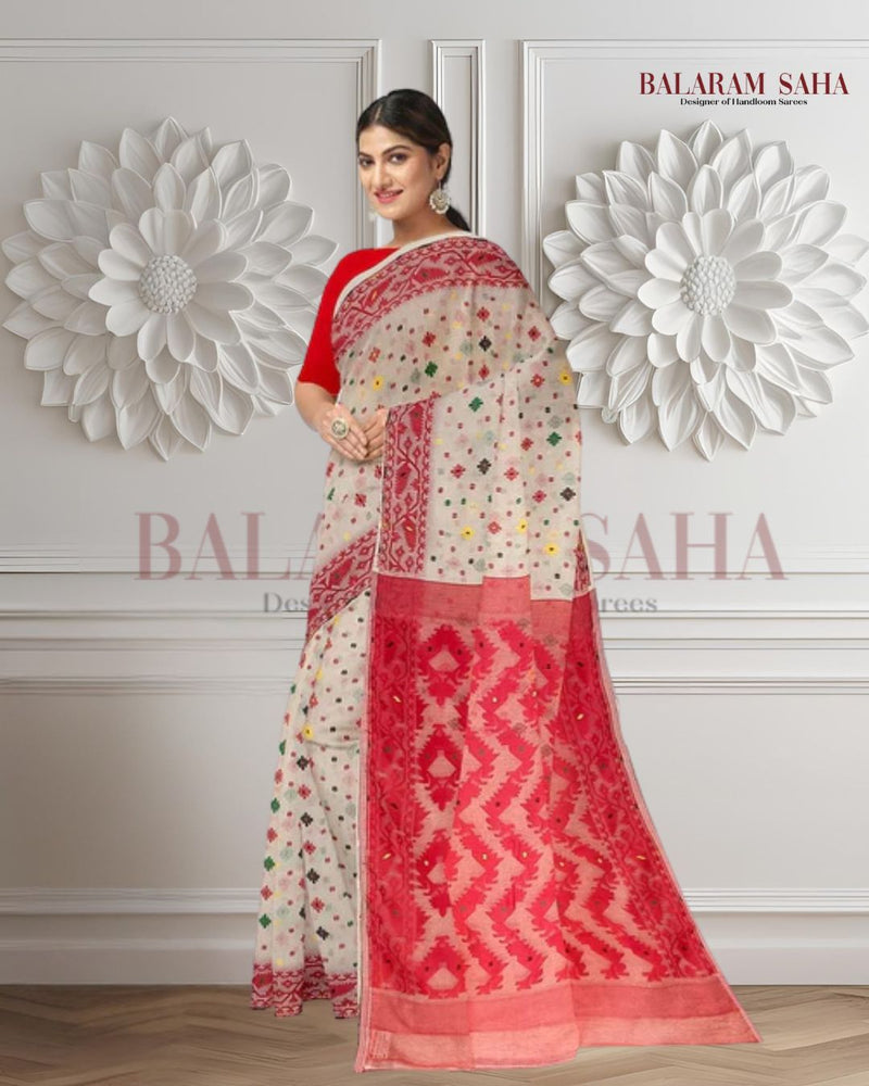 Off-White & Red Soft Handloom Jacquard Jamdani saree, Balaram Saha