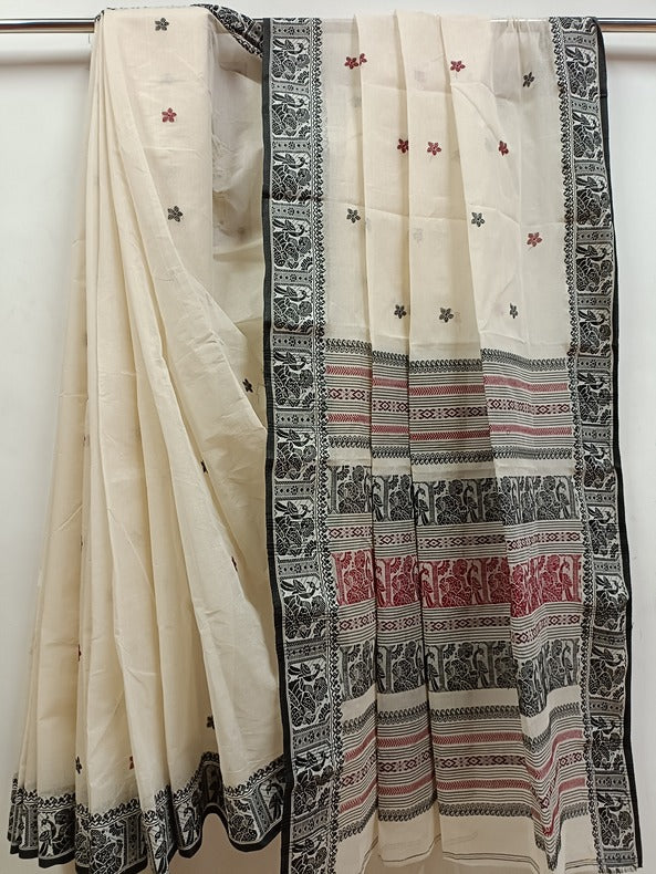 White &amp; Black Traditional Cotton Baluchuri Saree Balaram Saha
