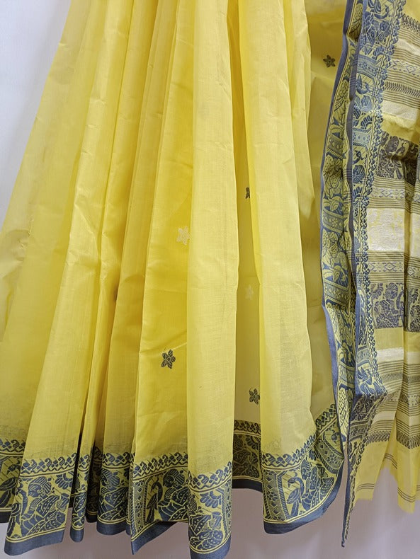 Light Yellow & Grey Traditional Cotton Baluchuri Saree Balaram Saha