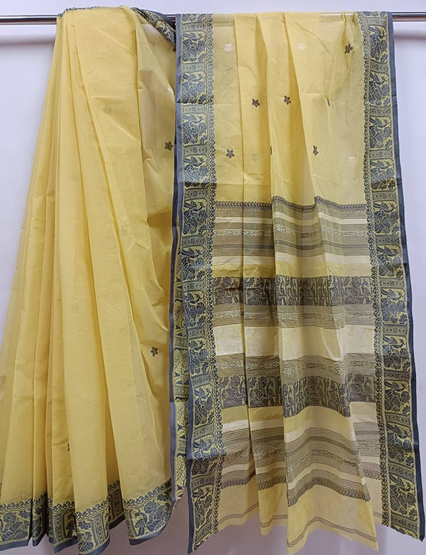 Light Yellow & Grey Traditional Cotton Baluchuri Saree Balaram Saha