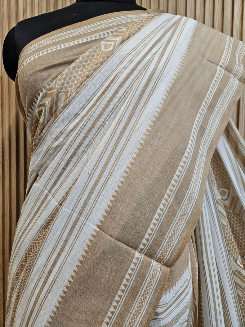Off-White Beige  Handloom Traditional Dhonekali Saree&nbsp; Balaram Saha