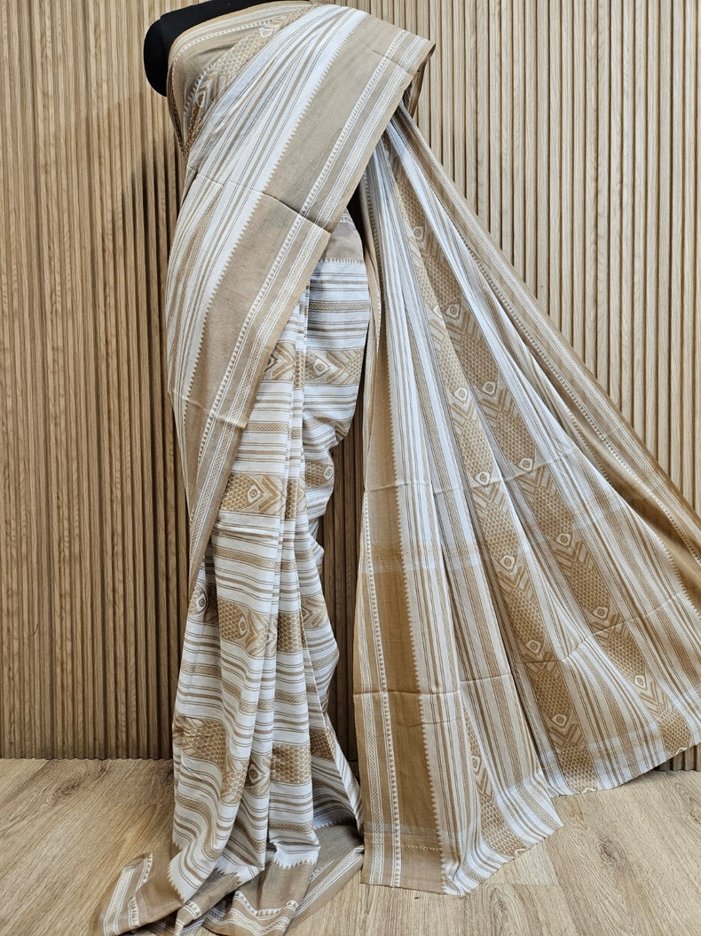 Off-White Beige  Handloom Traditional Dhonekali Saree&nbsp; Balaram Saha