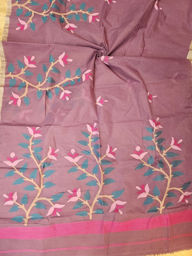 Mauve & Multi Handloom Traditional Handwoven Cotton Jamdani Saree Balaram Saha