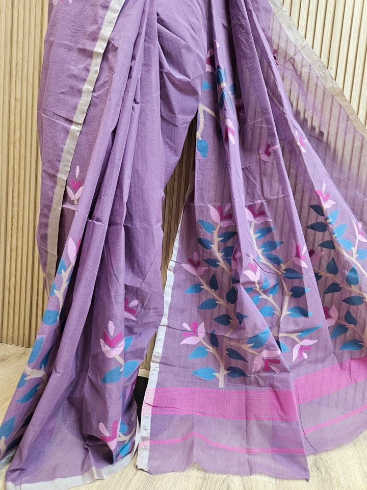 Mauve & Multi Handloom Traditional Handwoven Cotton Jamdani Saree Balaram Saha
