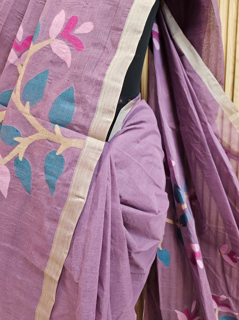 Mauve & Multi Handloom Traditional Handwoven Cotton Jamdani Saree Balaram Saha