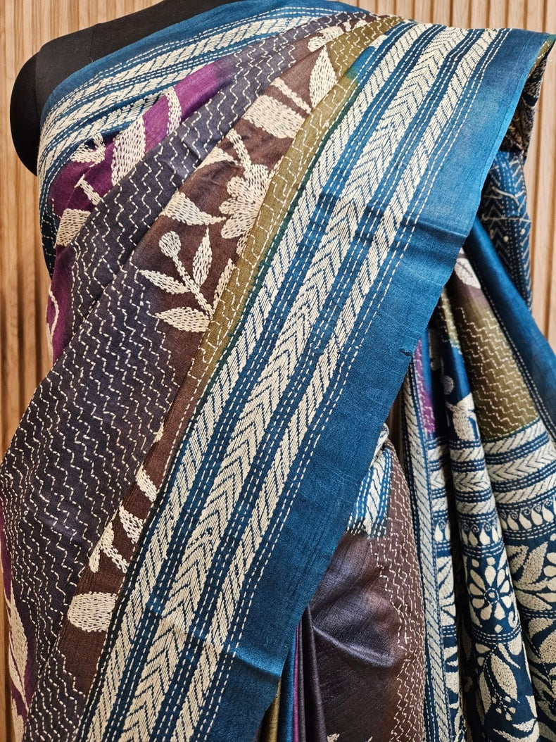 MultiColor Dye Balaram Saha’s Masterpiece Kantha Tussar Silk Saree Balaram Saha