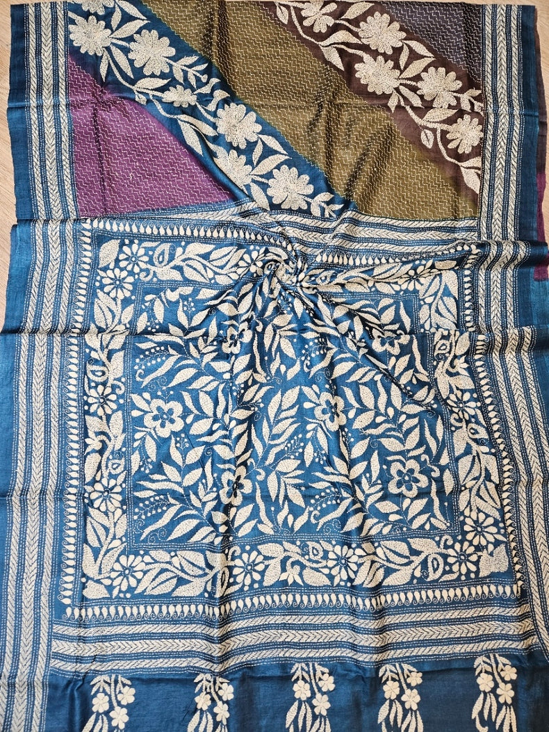 MultiColor Dye Balaram Saha’s Masterpiece Kantha Tussar Silk Saree Balaram Saha
