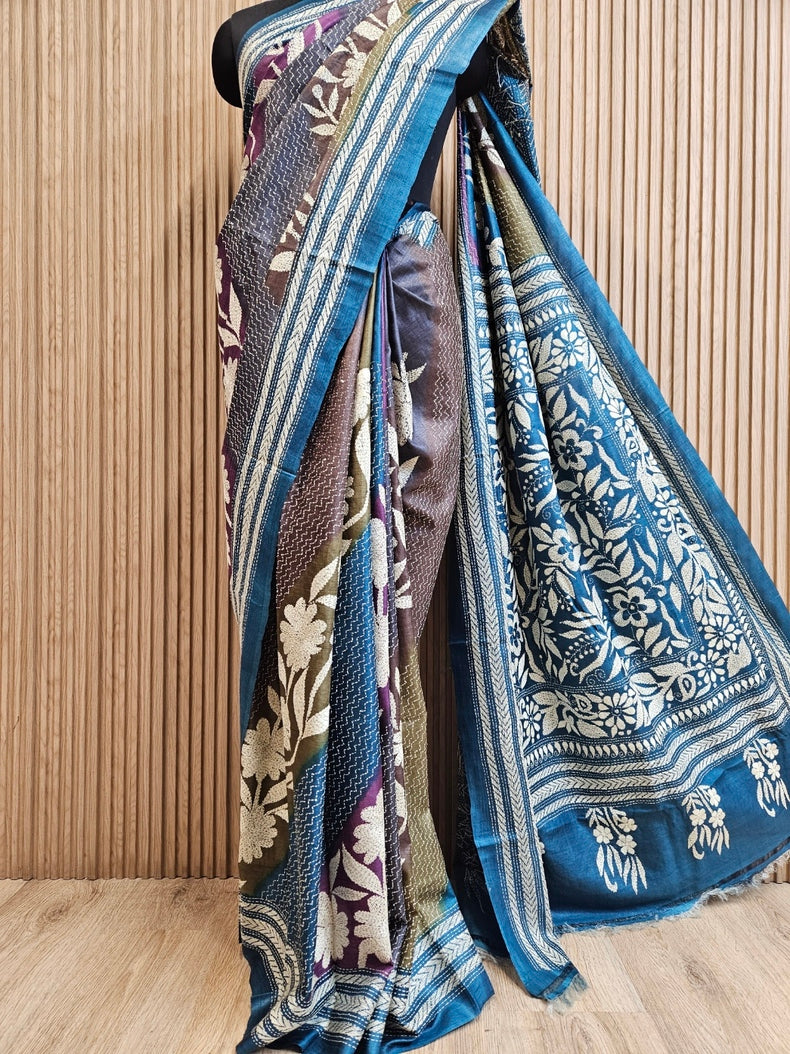 MultiColor Dye Balaram Saha’s Masterpiece Kantha Tussar Silk Saree Balaram Saha