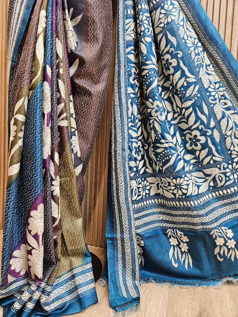 MultiColor Dye Balaram Saha’s Masterpiece Kantha Tussar Silk Saree Balaram Saha