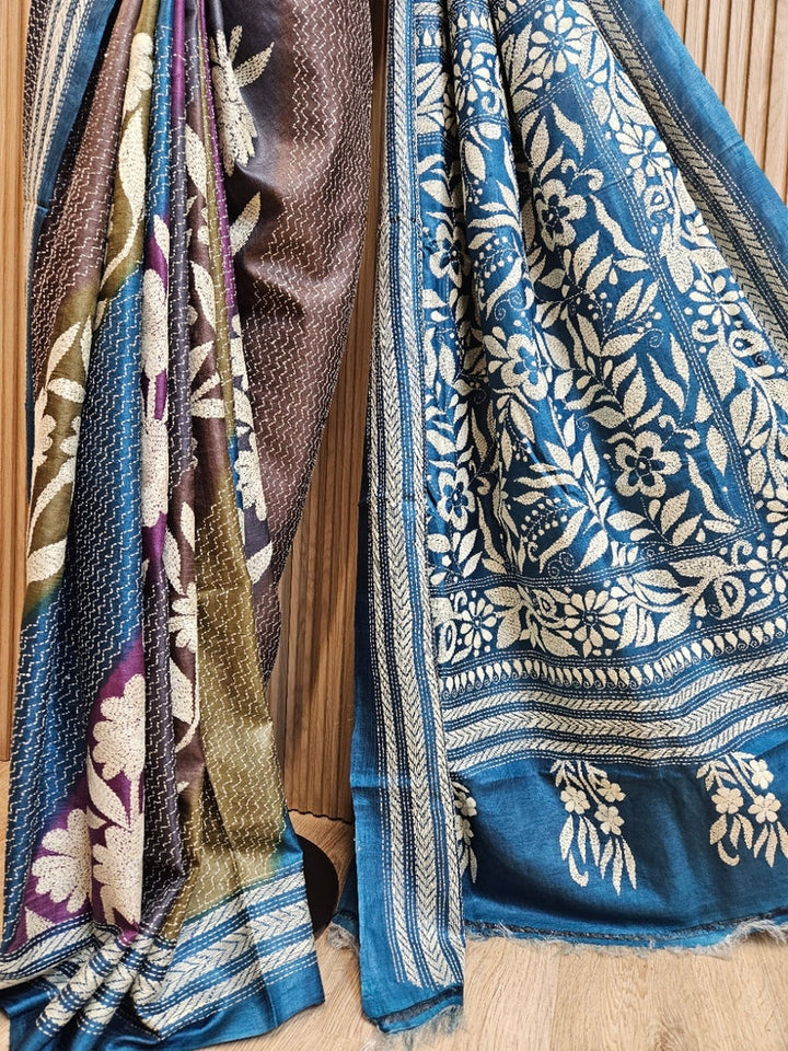 MultiColor Dye Balaram Saha’s Masterpiece Kantha Tussar Silk Saree Balaram Saha