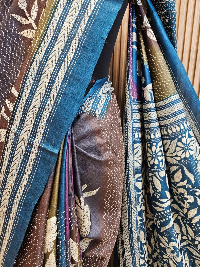 MultiColor Dye Balaram Saha’s Masterpiece Kantha Tussar Silk Saree Balaram Saha