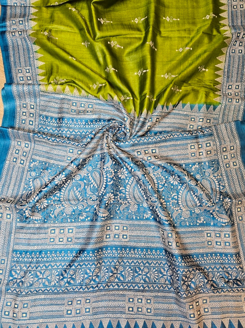 Sophisticated in Green & Blue: Balaram Saha’s Masterpiece Kantha Tussar Silk Saree Balaram Saha