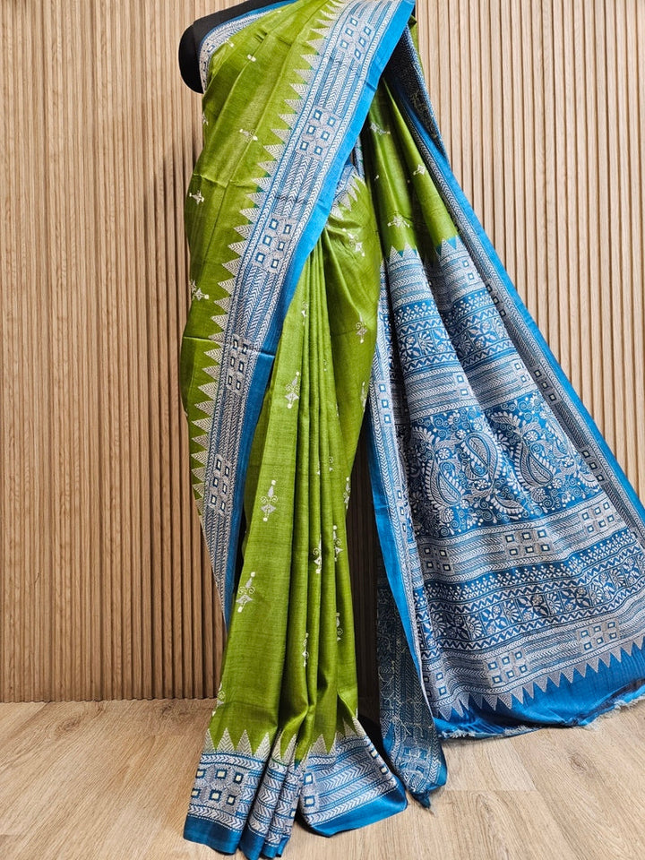 Sophisticated in Green & Blue: Balaram Saha’s Masterpiece Kantha Tussar Silk Saree Balaram Saha