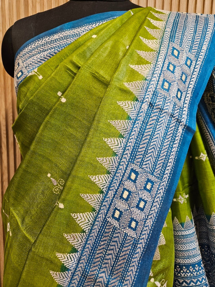 Sophisticated in Green & Blue: Balaram Saha’s Masterpiece Kantha Tussar Silk Saree Balaram Saha