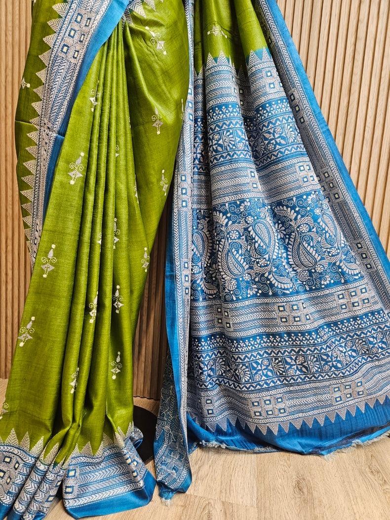 Sophisticated in Green & Blue: Balaram Saha’s Masterpiece Kantha Tussar Silk Saree Balaram Saha