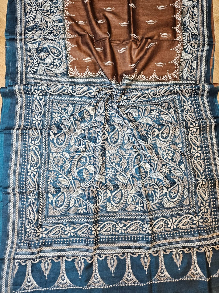 Sophisticated in Brown & Blue: Balaram Saha’s Masterpiece Kantha Tussar Silk Saree Balaram Saha
