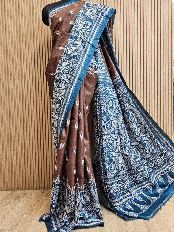 Sophisticated in Brown & Blue: Balaram Saha’s Masterpiece Kantha Tussar Silk Saree Balaram Saha