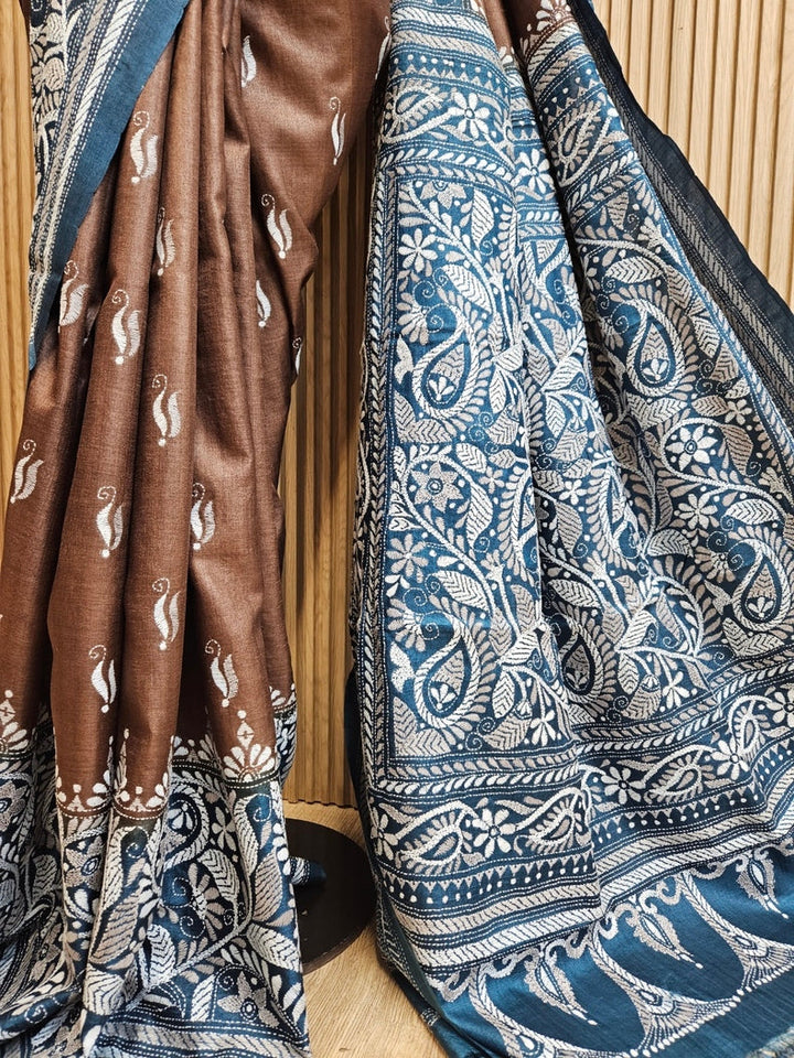 Sophisticated in Brown & Blue: Balaram Saha’s Masterpiece Kantha Tussar Silk Saree Balaram Saha