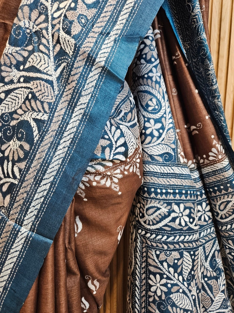 Sophisticated in Brown & Blue: Balaram Saha’s Masterpiece Kantha Tussar Silk Saree Balaram Saha