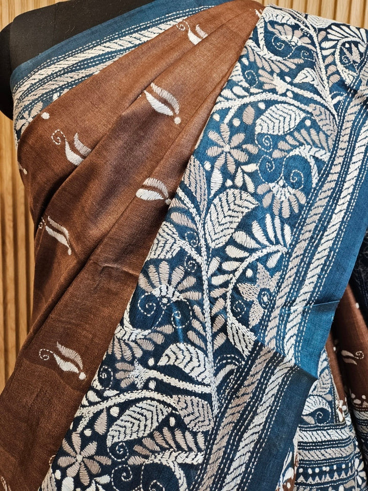 Sophisticated in Brown & Blue: Balaram Saha’s Masterpiece Kantha Tussar Silk Saree Balaram Saha
