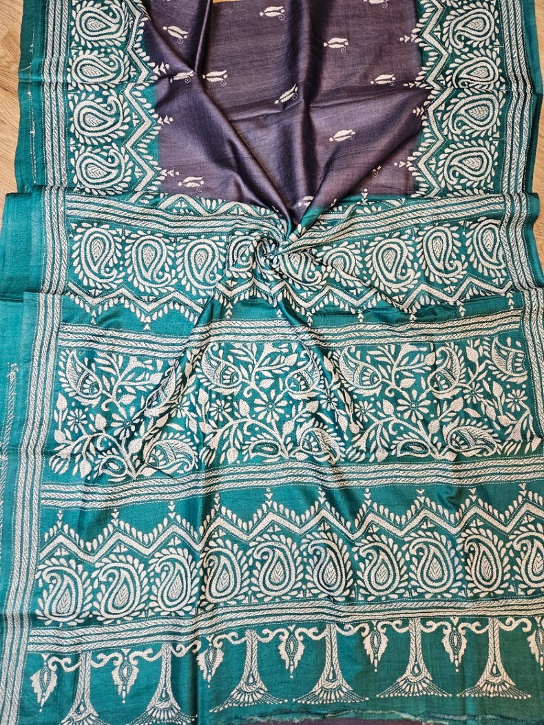 Grey & Green Pure Tussar Silk Saree with Kantha Embroidery - Crafted by Balaram Saha Balaram Saha