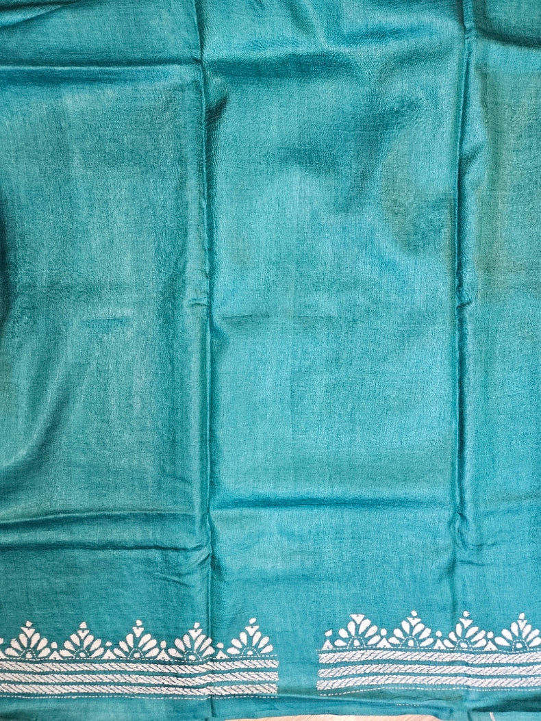 Grey & Green Pure Tussar Silk Saree with Kantha Embroidery - Crafted by Balaram Saha Balaram Saha