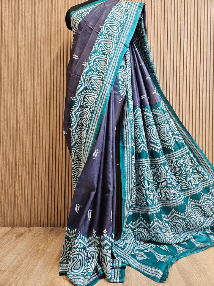 Grey & Green Pure Tussar Silk Saree with Kantha Embroidery - Crafted by Balaram Saha Balaram Saha