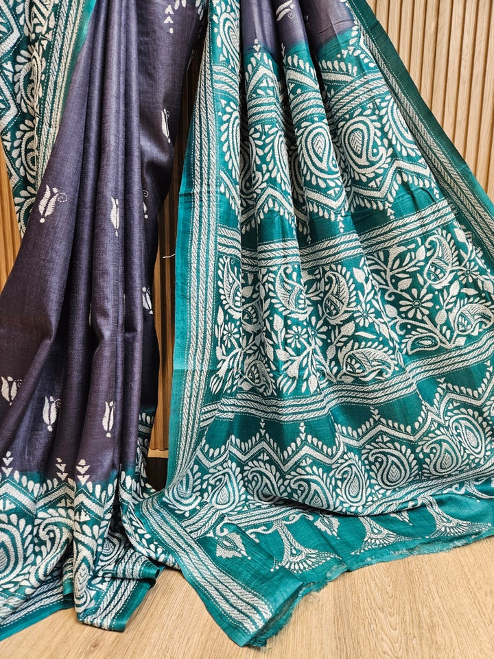 Grey & Green Pure Tussar Silk Saree with Kantha Embroidery - Crafted by Balaram Saha Balaram Saha