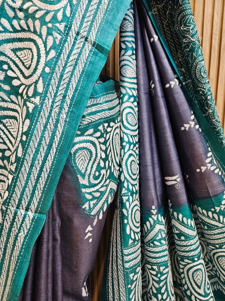 Grey & Green Pure Tussar Silk Saree with Kantha Embroidery - Crafted by Balaram Saha Balaram Saha