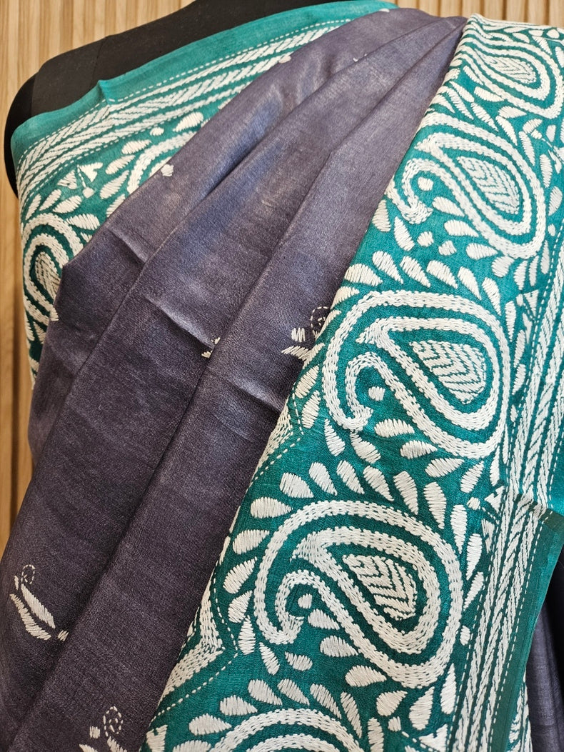 Grey & Green Pure Tussar Silk Saree with Kantha Embroidery - Crafted by Balaram Saha Balaram Saha