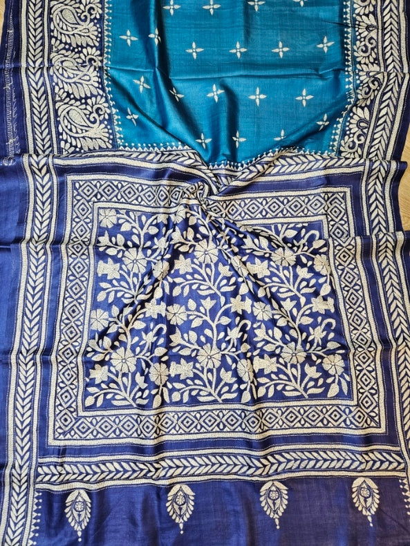 Sophisticated in Blue: Balaram Saha’s Masterpiece Kantha Tussar Silk Saree Balaram Saha
