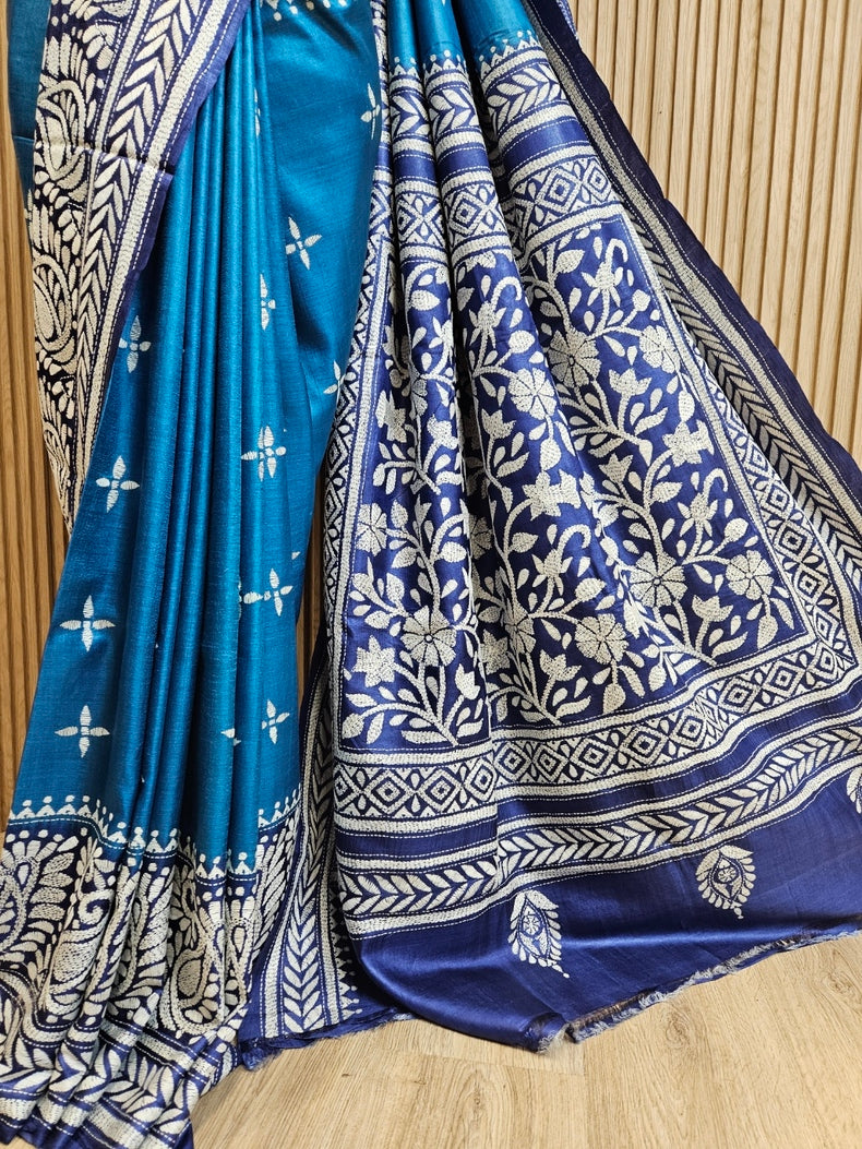 Sophisticated in Blue: Balaram Saha’s Masterpiece Kantha Tussar Silk Saree Balaram Saha