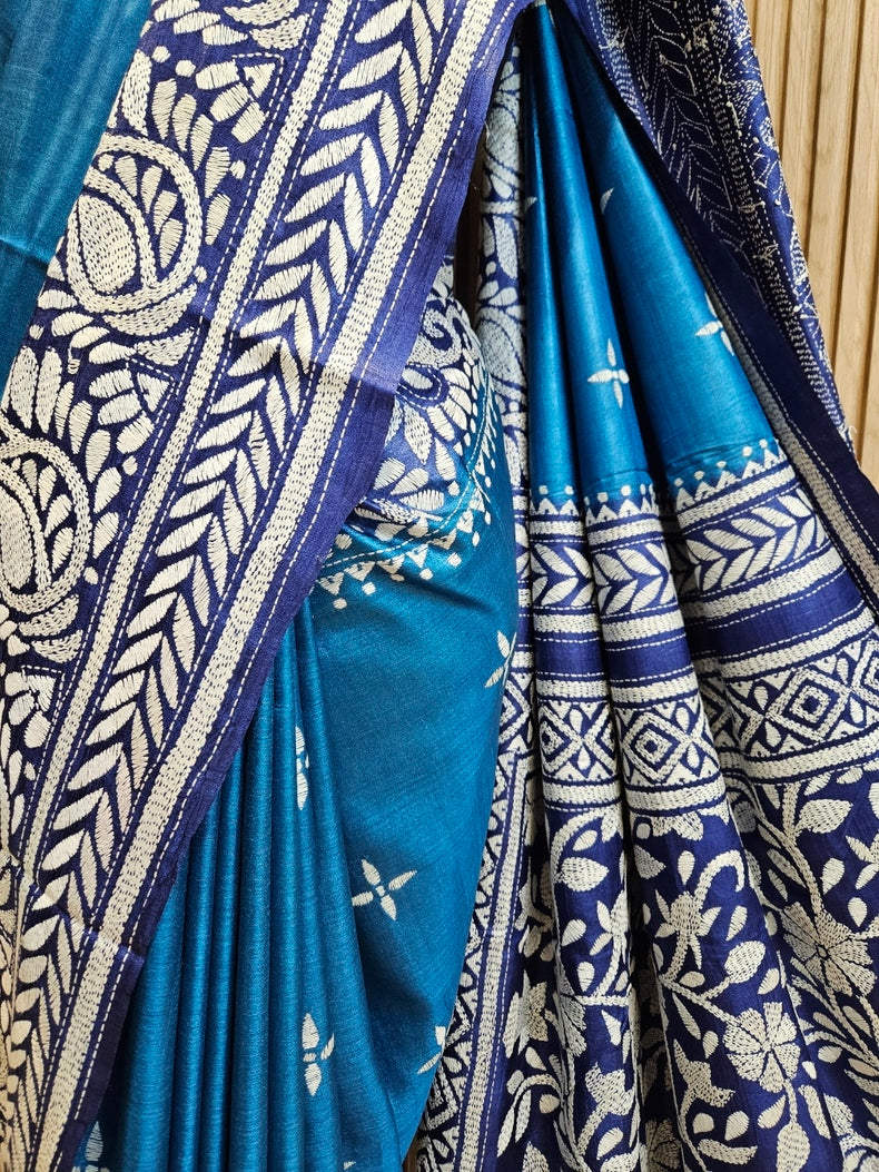 Sophisticated in Blue: Balaram Saha’s Masterpiece Kantha Tussar Silk Saree Balaram Saha