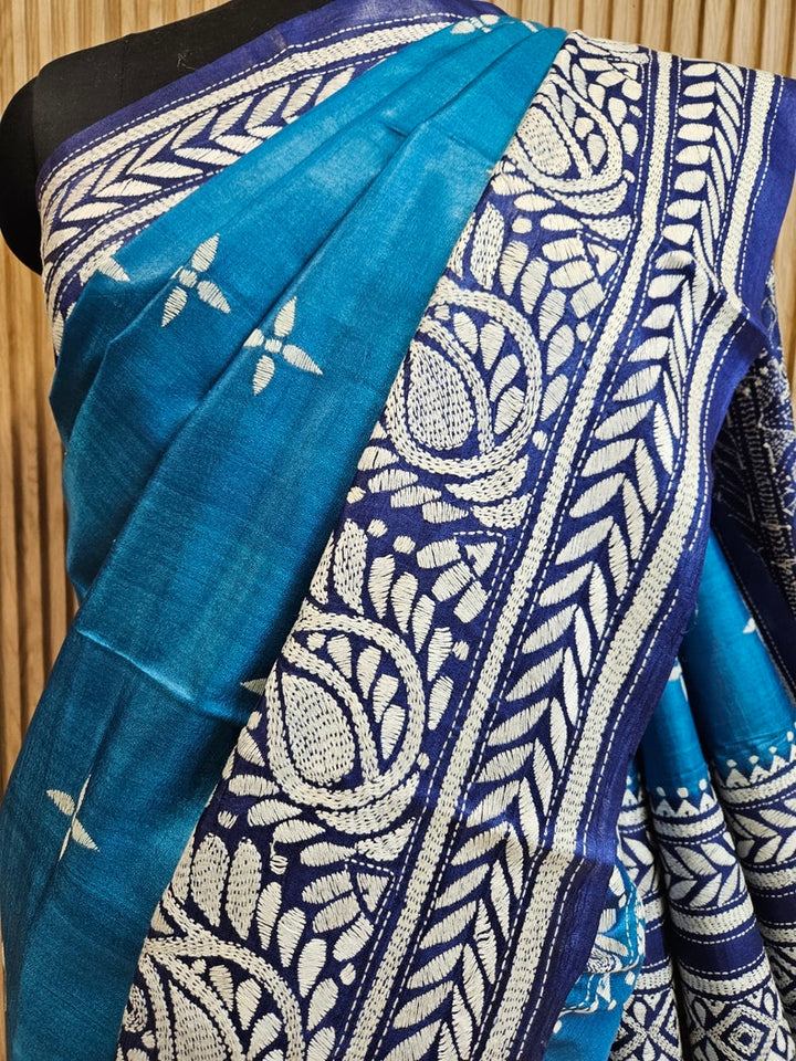 Sophisticated in Blue: Balaram Saha’s Masterpiece Kantha Tussar Silk Saree Balaram Saha