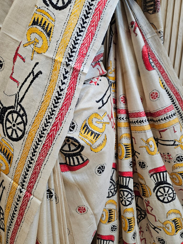 Minimalist Marvel: Beige & Multi Color Pure Tussar Kantha Stitch Silk Saree from Balaram Saha Balaram Saha