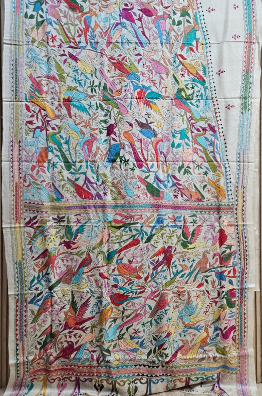 Purple & White Handstitched Kantha Silk Saree with Floral Motifs by Balaram Saha Balaram Saha