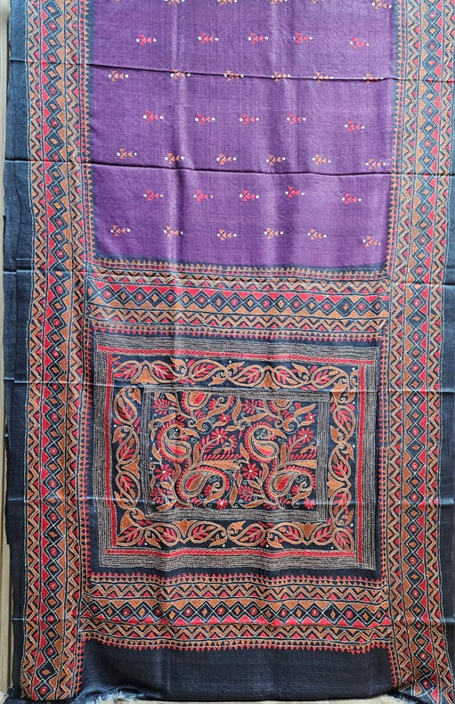 A Timeless Statement: Purple & Black Handloom Tussar Silk Kantha Saree by Balaram Saha Balaram Saha