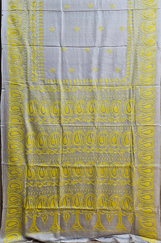Luxurious Cream Tussar Silk with Handcrafted Kantha by Balaram Saha Balaram Saha
