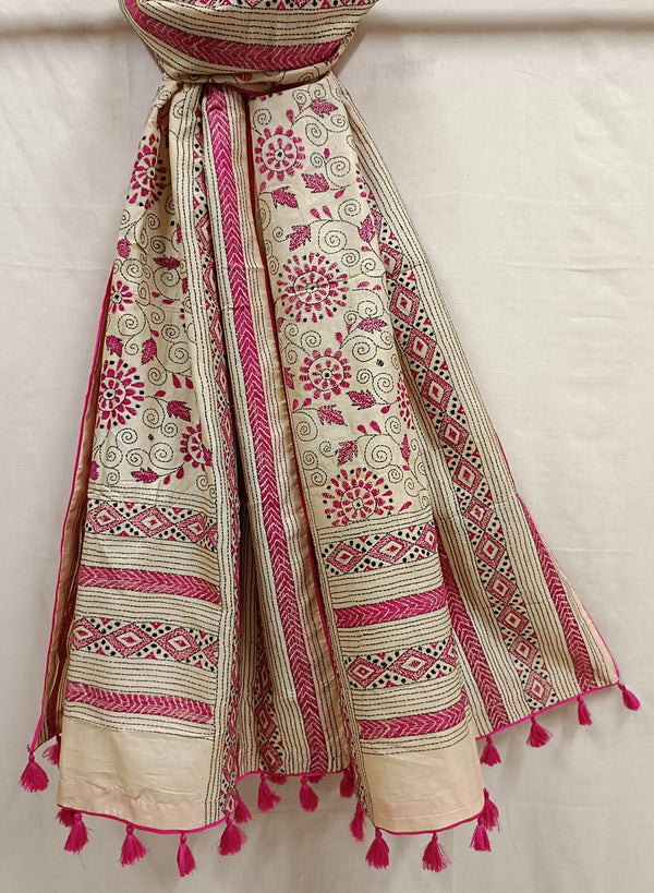Beige & Pink Tussar Silk Kantha Stitch Dupatta Balaram Saha