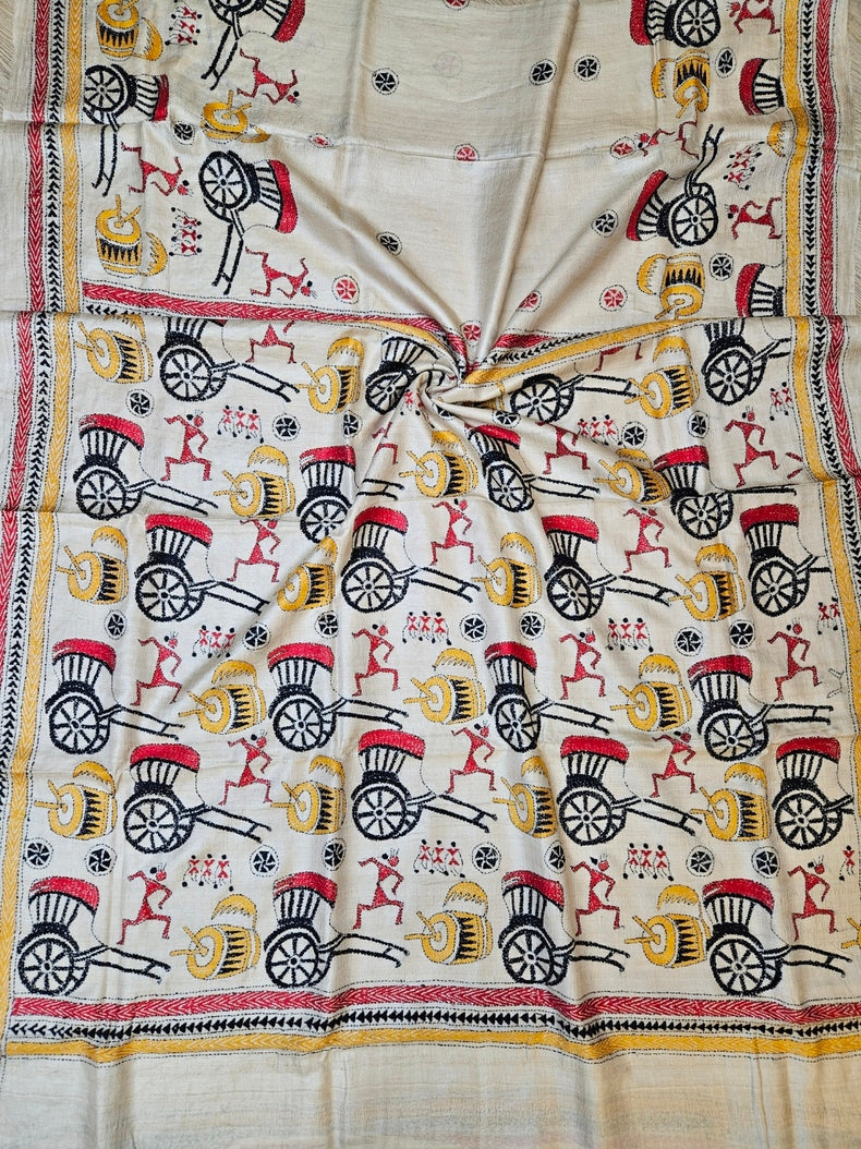 Minimalist Marvel: Beige & Multi Color Pure Tussar Kantha Stitch Silk Saree from Balaram Saha Balaram Saha
