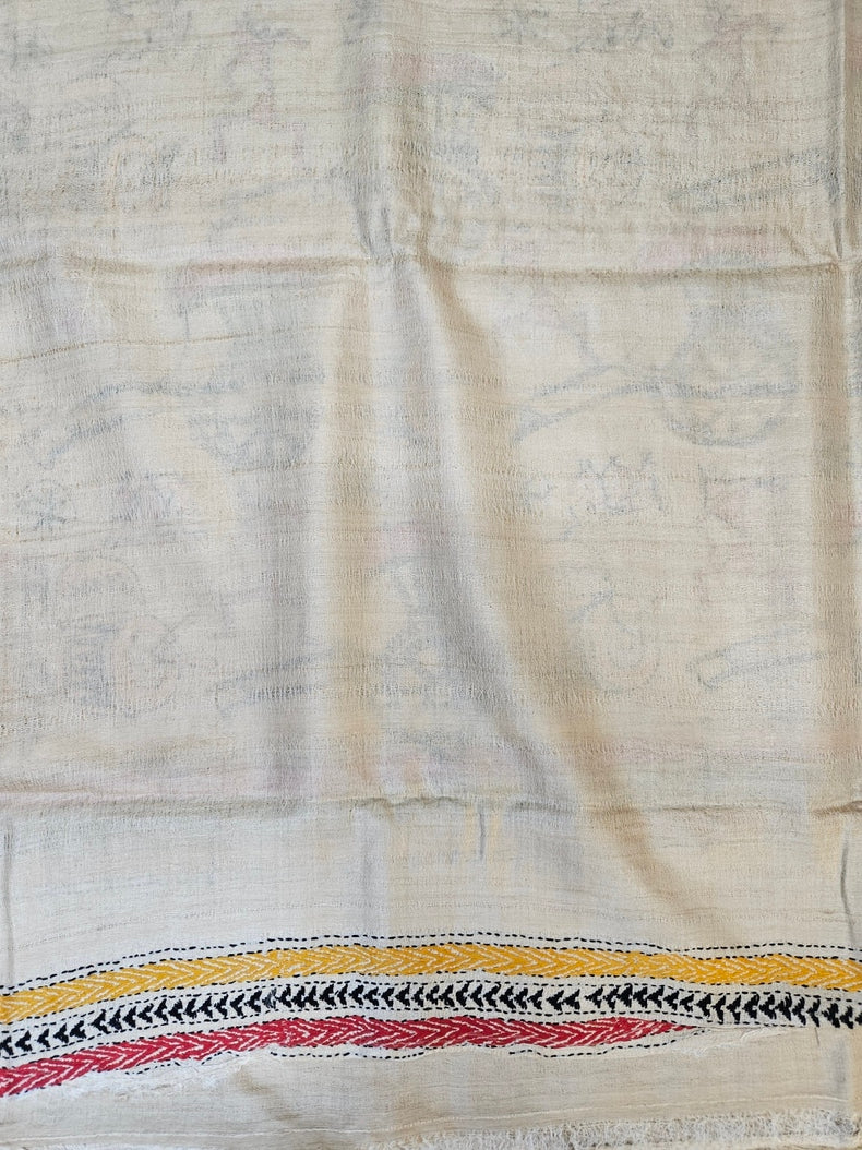 Minimalist Marvel: Beige & Multi Color Pure Tussar Kantha Stitch Silk Saree from Balaram Saha Balaram Saha