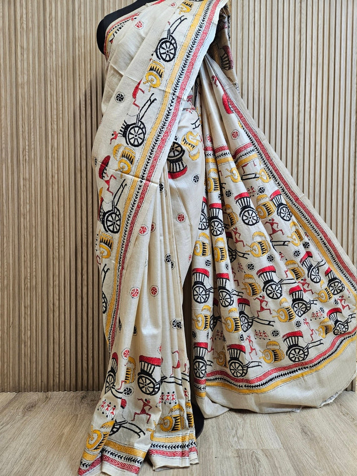 Minimalist Marvel: Beige & Multi Color Pure Tussar Kantha Stitch Silk Saree from Balaram Saha Balaram Saha