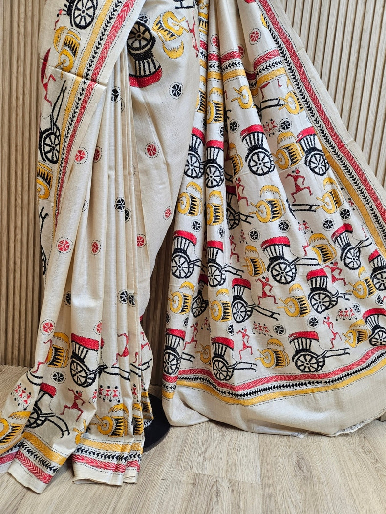 Minimalist Marvel: Beige & Multi Color Pure Tussar Kantha Stitch Silk Saree from Balaram Saha Balaram Saha